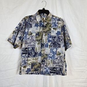 Tori Richard Vintage Men's Blue Olive Green Patchwork-Style Hawaiian Shirt Small